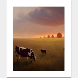 Mother and Baby Cow on Farmstead at Sunset Posters and Art